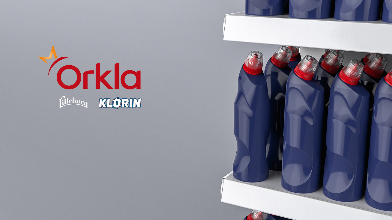 Render of bottles on shelf with Orkla, Lilleborg and Klorin logos.