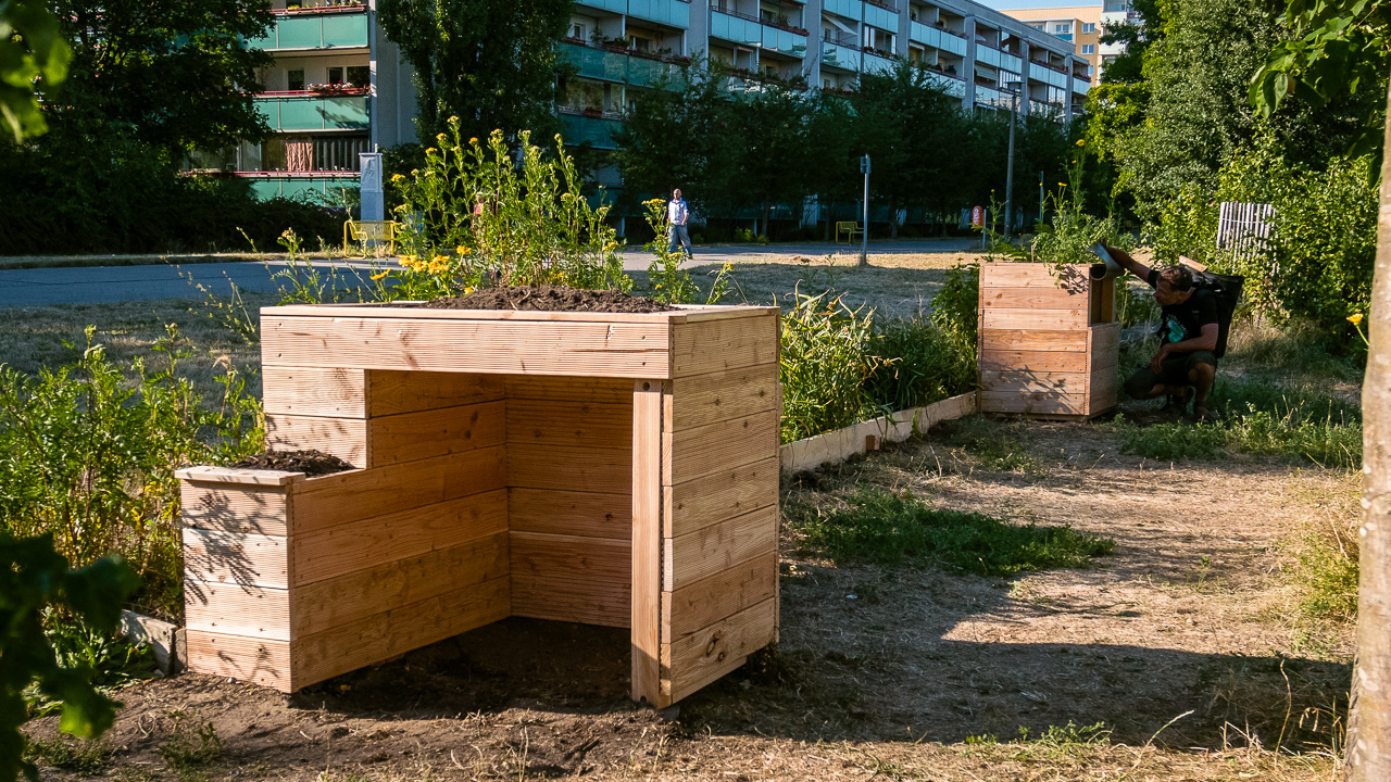 Overview photo of planters in community garden