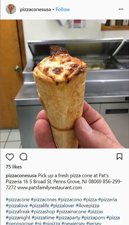 Instagram post of pizza in a cone