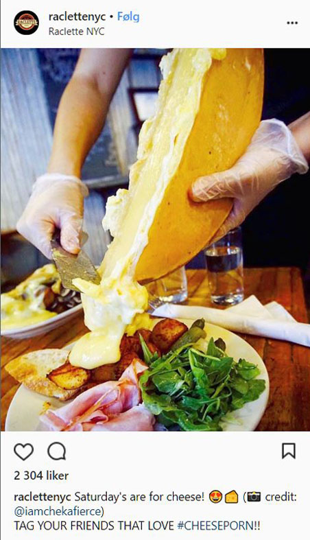 Instagram post of raclette being served from melted cheese wheel
